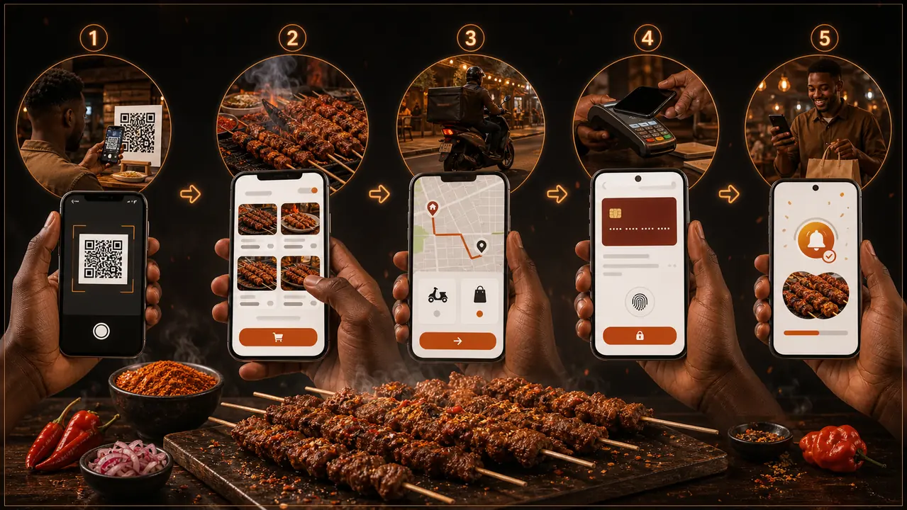Visual ordering process from QR scan to order notification